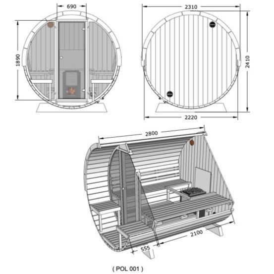 Garten Fasssauna Deluxe in Thermoholz - 2800 x 2300  mm