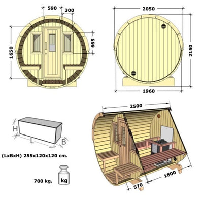 Garten Fasssauna in Fichte - 2500 x 2000  mm