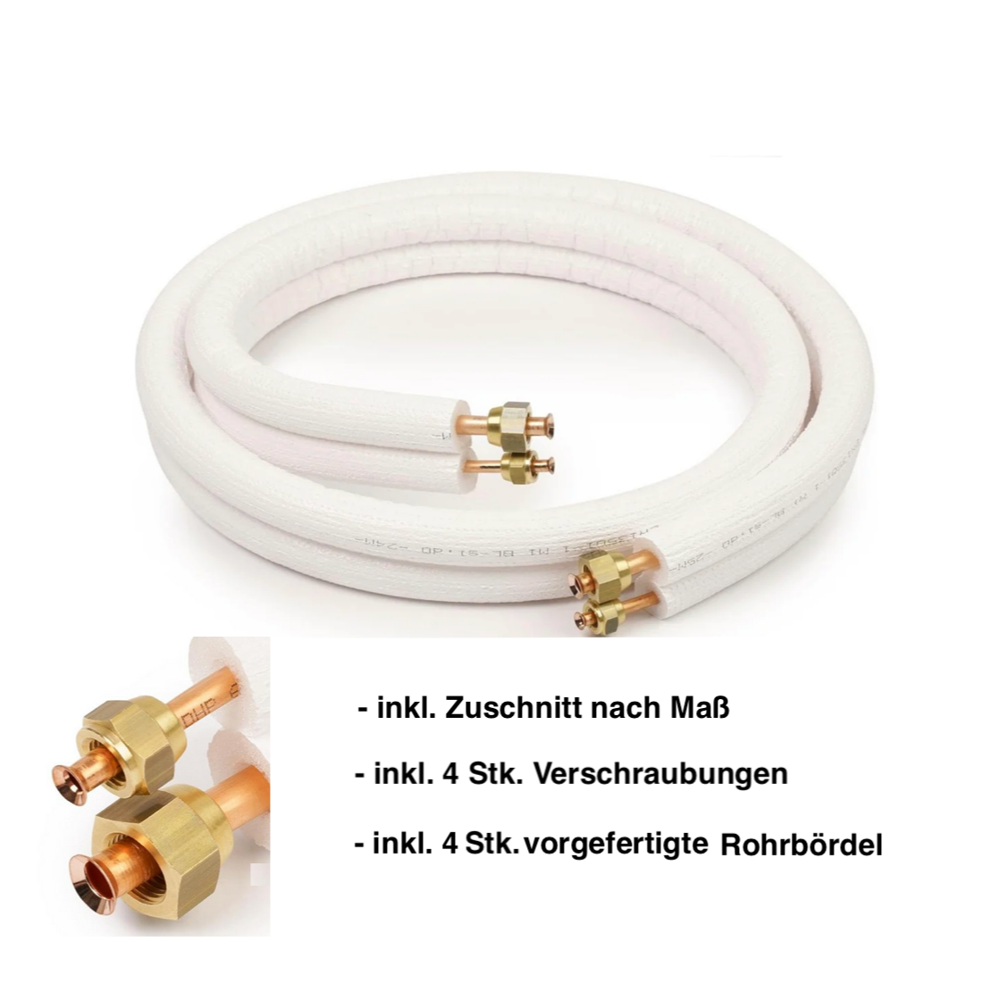 Montagefertige Kälteleitung mit Überwurfmutter und Bördel TWIN 1/4“ + 3/8“ x 0,8 mm